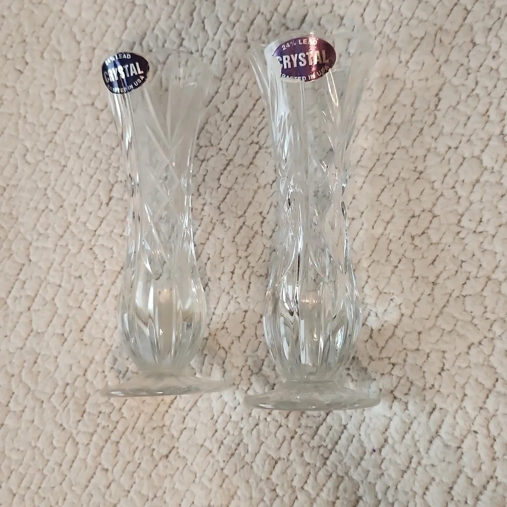 Vintage 90's 24% lead crystal etched glass scalloped opening set of 2 vases USA